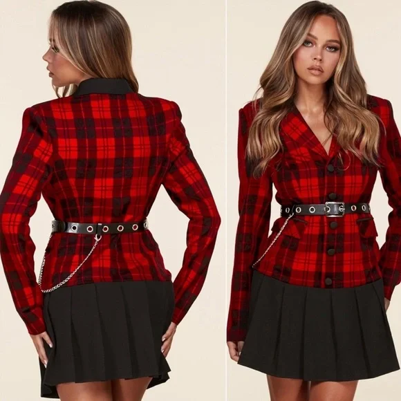 NWT! PREMIUM COLLECTION red black
plaid edgy mini dress with belt - Picture 3 of 3